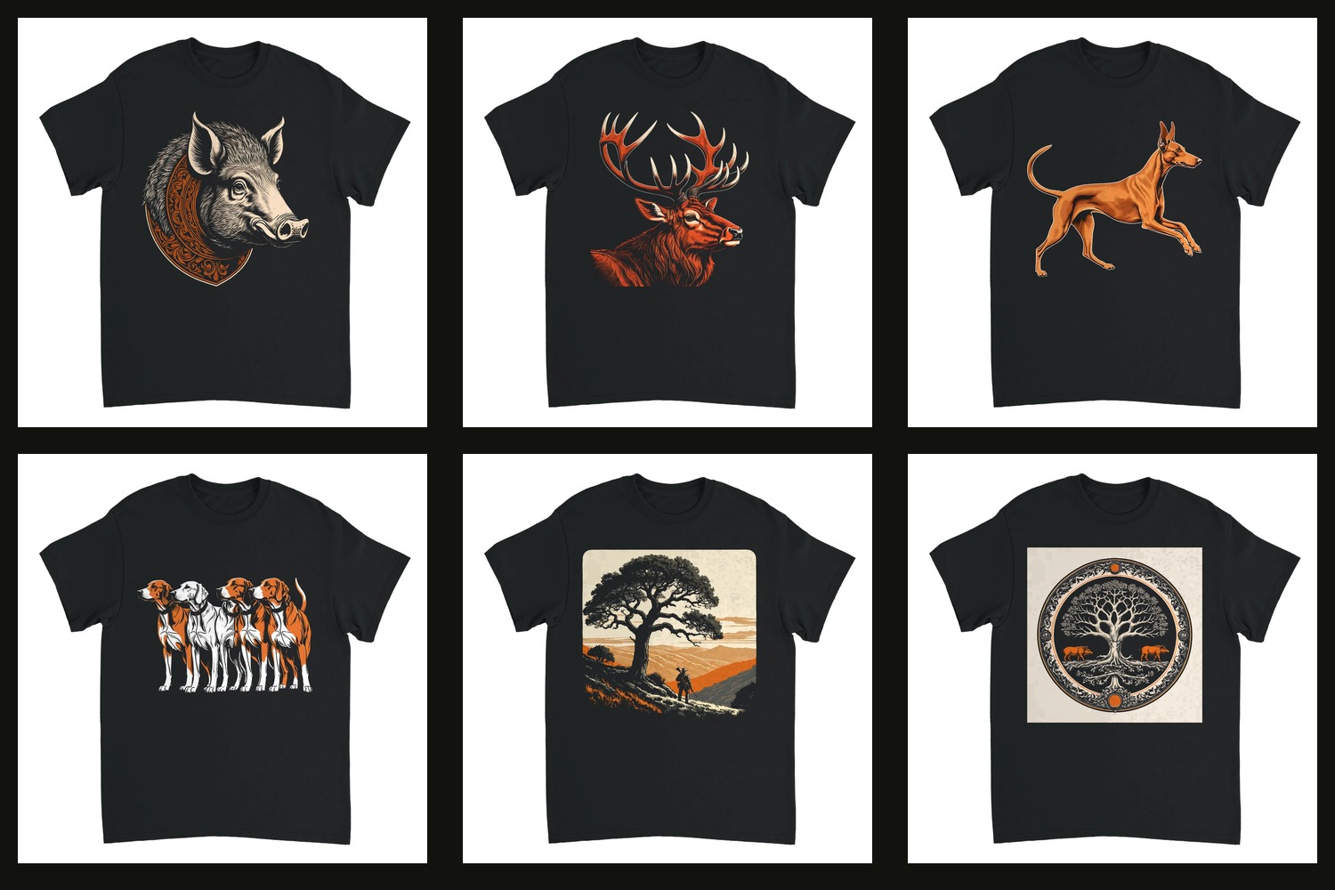 Varias camisetas negras de COTO REDONDO con los dibujos de las piezas
